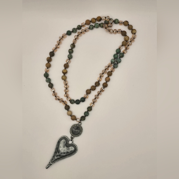 Green/Brown, Gold Beaded Long Necklace With Hammered Metal Heart - Picture 6 of 6